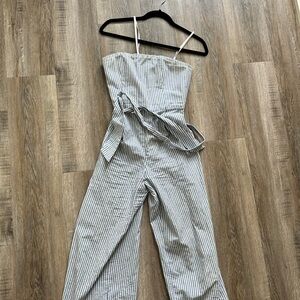 Club Monaco White and Gray Striped Strapless Jumpsuit with Belt